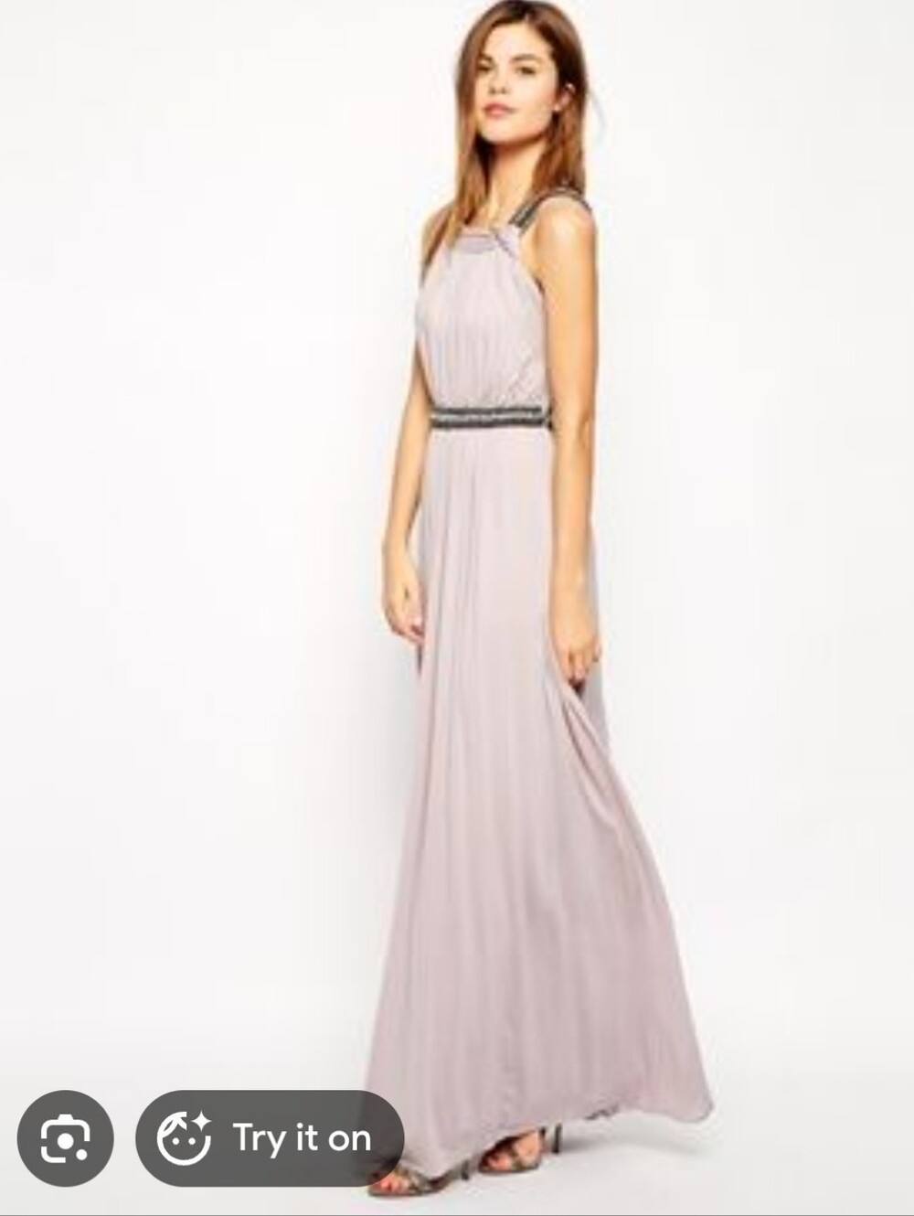 Coast Maxi Dress features a Grecian-inspired pleated design and silver beading
